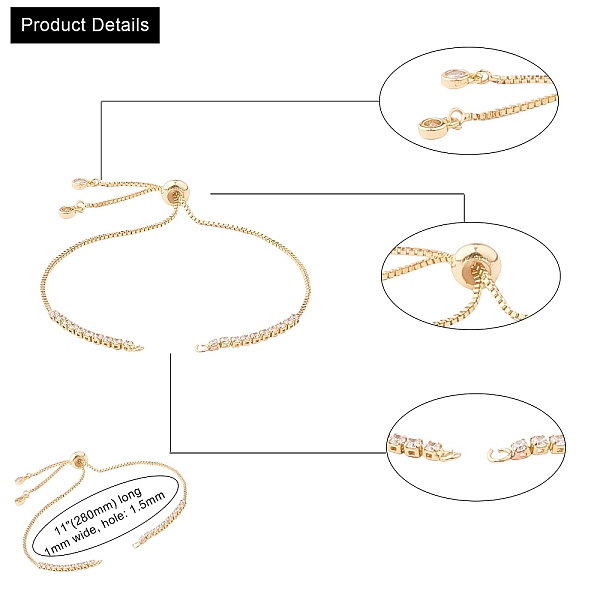 

PandaHall Adjustable Brass Micro Pave Cubic Zirconia Chain Bracelet Making, Slider Bracelets Making, Golden, 11 inch(280mm), 1mm, Hole..., Clear