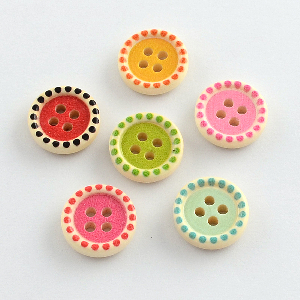 

PandaHall 4-Hole Printed Wooden Buttons, Flat Round, Mixed Color, 15x4mm, Hole: 2mm Wood Flat Round Multicolor