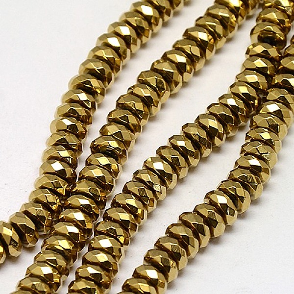 

PandaHall Electroplate Non-magnetic Synthetic Hematite Beads Strands, Faceted, Rondelle, Grade A, Golden Plated, 6x3mm, Hole: 1.2mm, about...