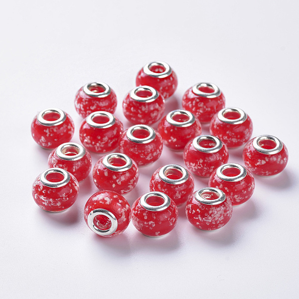 

PandaHall Handmade Luminous Lampwork European Beads, Large Hole Beads, with Silver Color Plated Brass Double Cores, Rondelle, Red, 14x11mm...