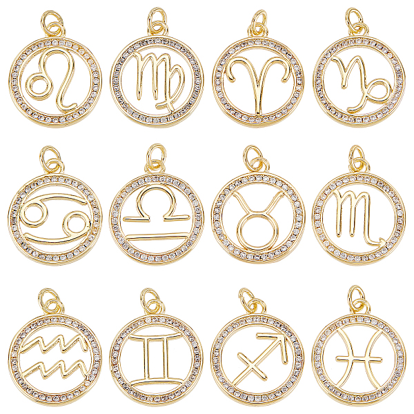 

PandaHall SUNNYCLUE 1 Box 12 Styles Zodiac Charm Rhinestone Zodiac Charms Micro Pave Cubic Zirconia Charms Round Metal Brass Hollow Charm..., Clear