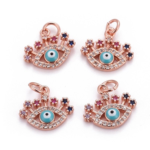 

PandaHall Brass Micro Pave Cubic Zirconia Charms, with Enamel and Jump Rings, Evil Eye, Colorful, Rose Gold, 13x15x3.5mm, Hole: 3mm...