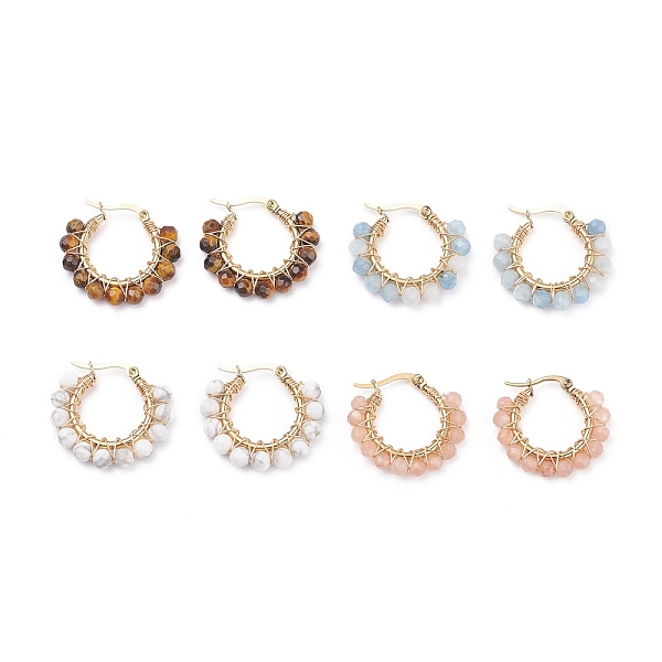 

PandaHall Faceted Round Natural Stone Beads Huggie Hoop Earrings for Girl Women, Wire Wrap Ring 304 Stainless Steel Earrings, Golden...