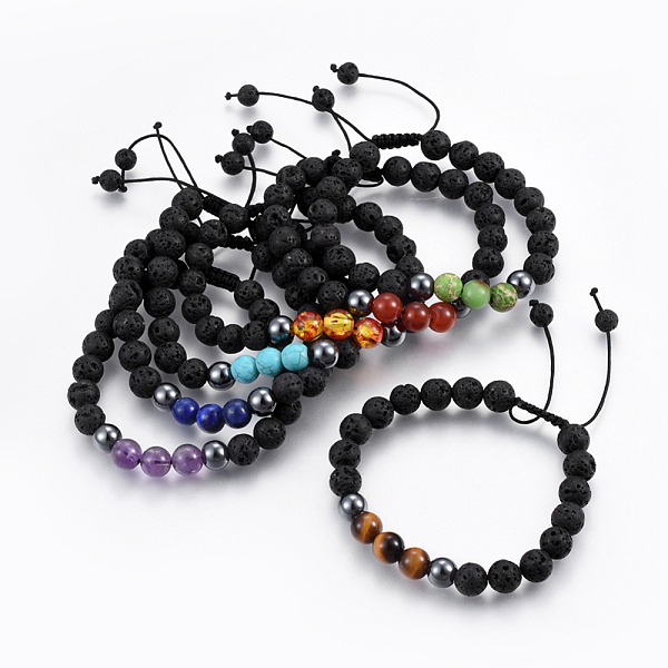 

PandaHall Natural Lava Rock and Non-Magnetic Synthetic Hematite Beads Braided Bead Bracelets, with Natural & Synthetic Mixed Gemstone, 2-1/8...