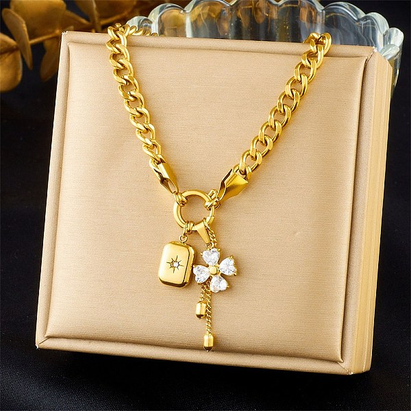 Colliers pour femmes avec pendentif en acier inoxydable 304 serti de zirconiums cubiques transparents en forme de fleur et de rectangle