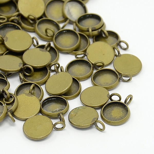 PandaHall Brass Pendant Cabochon Settings, Plain Edge Bezel Cups, Antique Bronze, Tray: 12mm, 14x2mm, Hole: 3mm Brass Flat Round