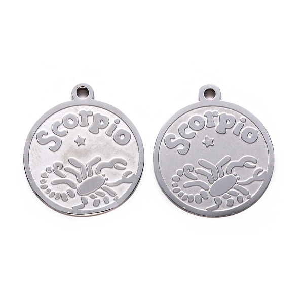 

PandaHall 201 Stainless Steel Pendants, Flat Round with Twelve Constellation, Laser Cut, Stainless Steel Color, Scorpio, 25x22x1.5mm, Hole...