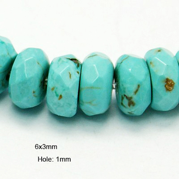 

PandaHall Natural Magnesite Beads Strands, Dyed & Heated, Faceted Rondelle, Turquoise, 6x3mm, Hole: 1mm, about 119pcs/strand, 15.55 inch..., Green
