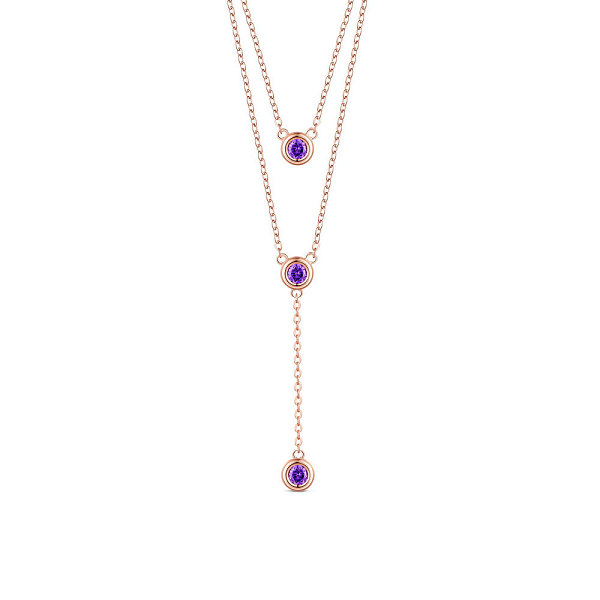 

PandaHall SHEGRACE 925 Sterling Silver Two-Tiered Necklaces, with Three Round Purple AAA Cubic Zirconia Pendant, Rose Gold, 14.96 inch~16.54...