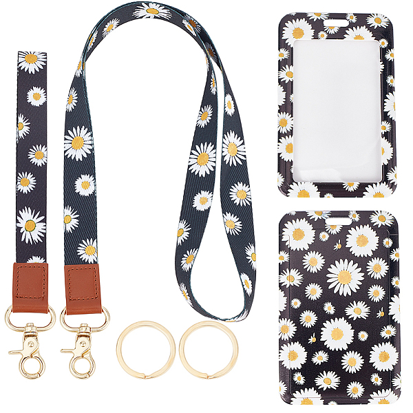 PandaHall SUNNYCLUE Daisy Flower Pattern PVC Plastic ID Badge Holder Sets, include Ployester Belt, ID Card Holders with Clear Window...