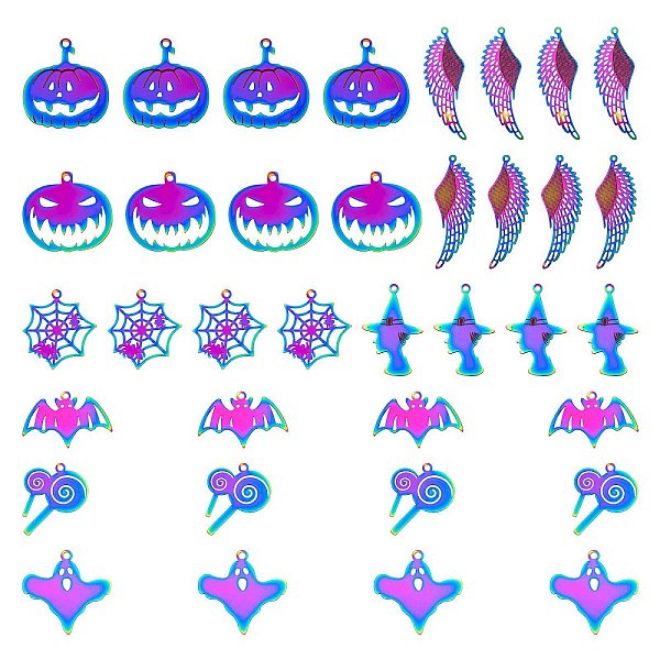 

PandaHall 36Pcs 9 Style 201 Stainless Steel Stamping Blank Tag Pendants, Ion Plating(IP), for Halloween, Mixed Shapes, Rainbow Color...