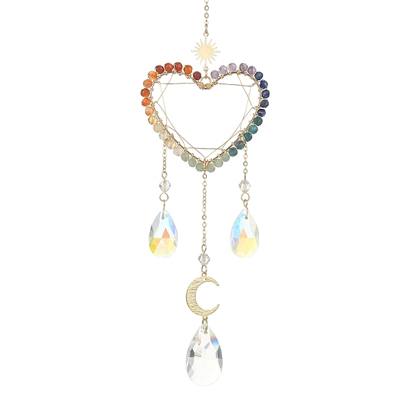

PandaHall Wire Wrapped Chakra Gemstone & Brass Pendant Decorations, with Glass Charm, For Home Decorations, Heart, 301mm Gemstone Heart..., Clear