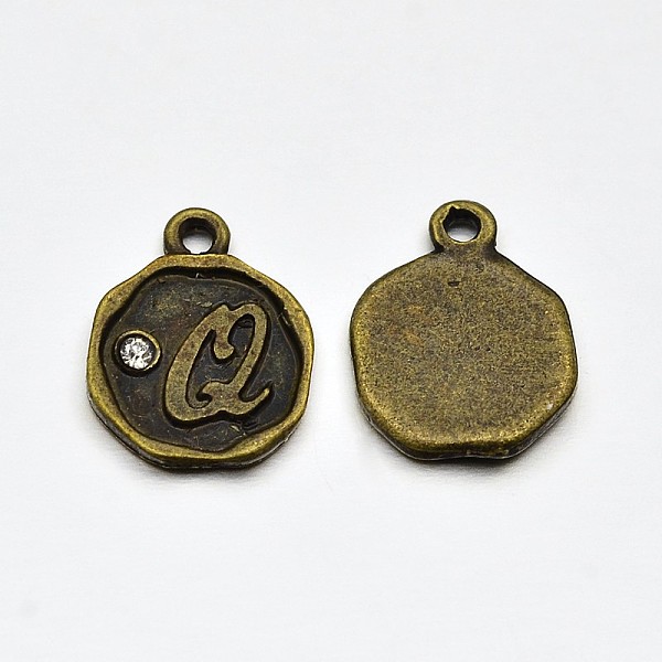 

PandaHall Antique Bronze Plated Alloy Rhinestone Charms, Flat Round with Letter.Q, Nickel Free, 13x10x1.5mm, Hole: 1mm Alloy+Rhinestone..., Clear