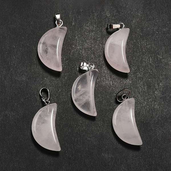 

PandaHall Natural Rose Quartz Pendants, Moon Charms, with Platinum Tone Brass Findings, 25~25.5x12x5.5mm, Hole: 6x2.5mm Rose Quartz Moon
