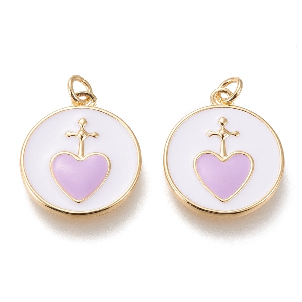 

PandaHall Brass Pendants, with Enamel and Jump Rings, Long-Lasting Plated, Flat Round with Heart, Golden, Lilac, 20.5x18x2mm, Hole: 3mm..., Purple