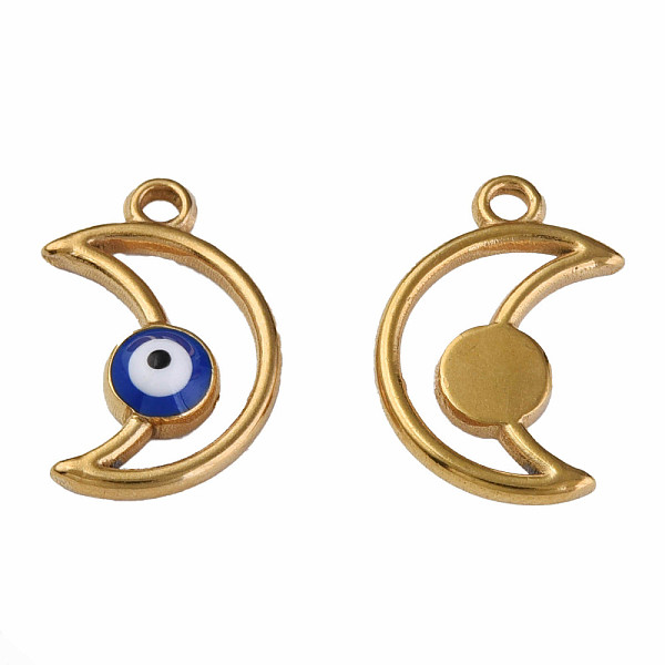 

PandaHall 304 Stainless Steel Enamel Pendants, Moon with Evil Eye, Golden, Dark Blue, 18x12x3mm, Hole: 1.6mm Stainless Steel+Enamel Moon