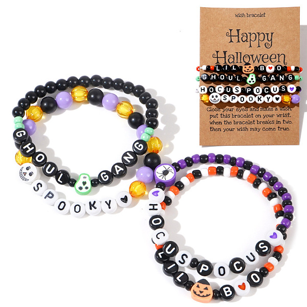 4 Set Di Braccialetti Elastici Con Perline In Argilla Polimerica E Teschio Acrilico Di Halloween