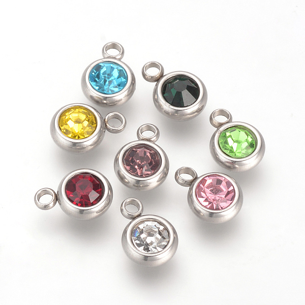 

PandaHall 201 Stainless Steel Rhinestone Charms, Birthstone Charms, Flat Round, Stainless Steel Color, Mixed Color, 8.5x6x3mm, Hole: 1.5mm..., Multicolor