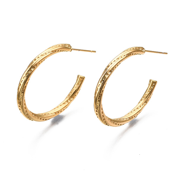 

PandaHall Brass Half Hoop Earrings, Nickel Free, Textured, Oval Ring, Real 18K Gold Plated, 25x31mm, Pin: 0.7mm Brass Ring