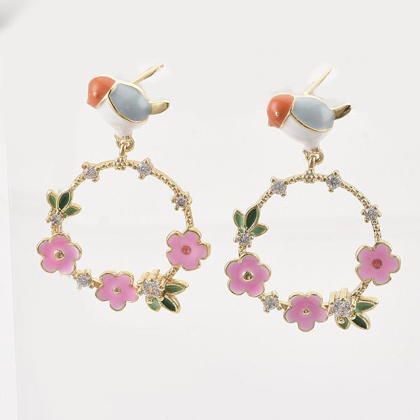 

PandaHall Brass Micro Pave Clear Cubic Zirconia Dangle Stud Earrings, with Enamel, Nickel Free, Magpie Bird with Garland, Real 18K Gold...