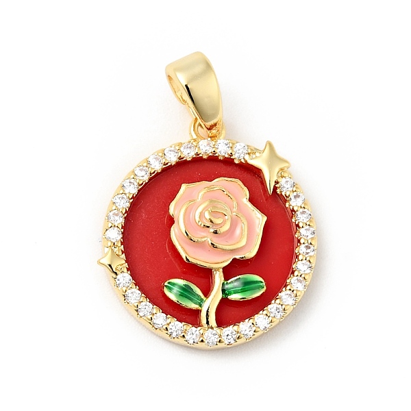 

PandaHall Brass Micro Pave Clear Cubic Zirconia Pendants, with Enamel, Flat Round with Rose, FireBrick, 17x15x4mm, Hole: 5x3mm Brass+Cubic..., Red