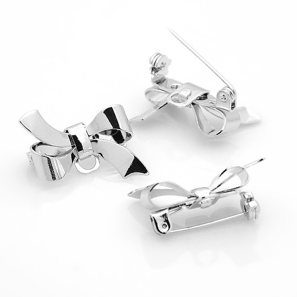 

PandaHall Bowknot Brass Brooches Findings, Platinum, 21x22x12mm, Hole: 2x3mm Brass