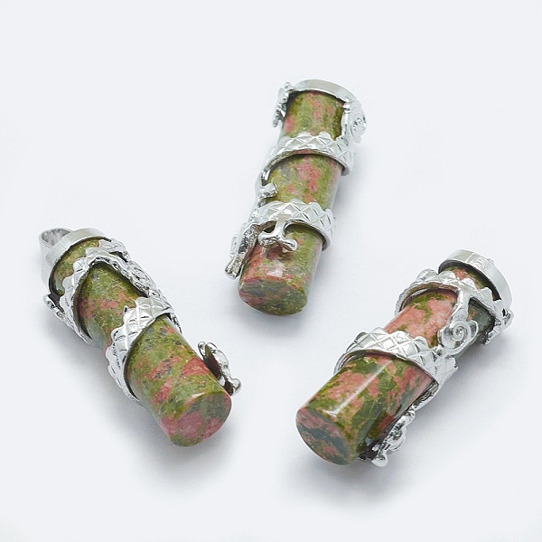 

PandaHall Natural Unakite Pendants, with Brass Findings, Column with Dragon, Platinum, 40.5~41.5x14x15mm, Hole: 3.5x5mm Unakite Column