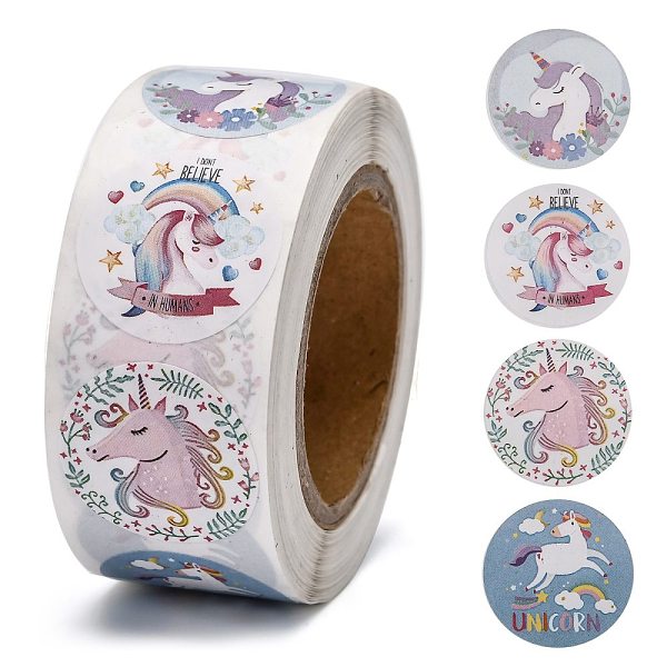 PandaHall Self-Adhesive Paper Stickers, Gift Tag, for Party, Decorative Presents, Round, Colorful, Unicorn Pattern, 25mm, 500pcs/roll Paper...