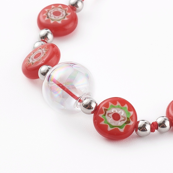 

PandaHall Adjustable Handmade Millefiori Glass Beaded Bracelets, with Glass Globe Beads, Nylon Thread and Brass Beads, Platinum, Red, Inner...