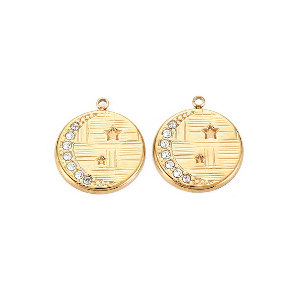 

PandaHall Ion Plating(IP) 304 Stainless Steel Pendants, with Crystal Rhinestone, Flat Round with Star, Real 14K Gold Plated, 19x16.5x1.5mm...