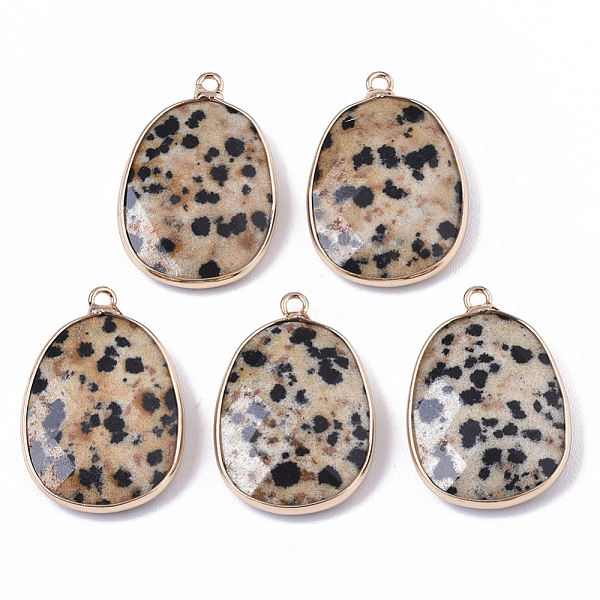 

PandaHall Natural Dalmatian Jasper Pendants, with Golden Plated Edge Brass Findings, Nickel Free, Faceted, Oval, 25~26x17~18x5mm, Hole...