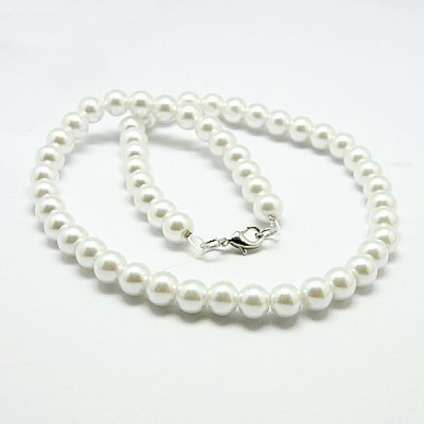 

PandaHall Fashion Glass Pearl Beaded Necklaces, with Brass Lobster Claw Clasps, White, 17.3 inch Glass White