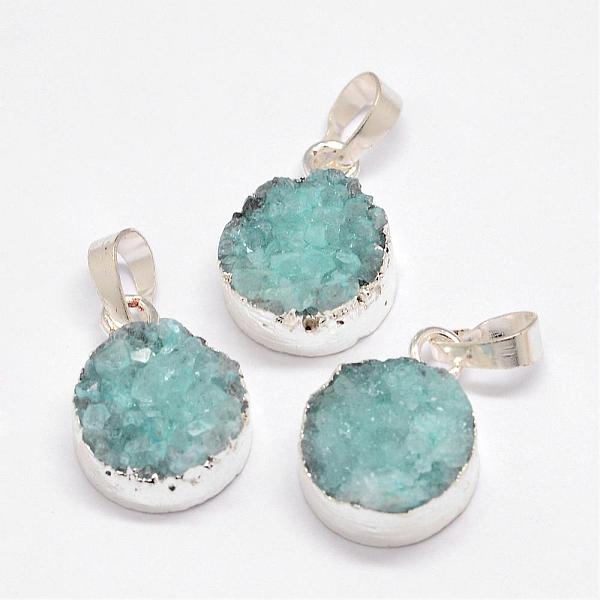 

PandaHall Electroplated Natural & Dyed Druzy Agate Pendants, with Silver Color Plated Brass Findings, Flat Round, Aqua, 18.5~21x14x8~10mm..., Cyan