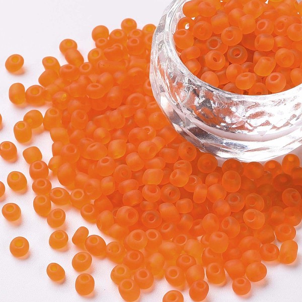 

PandaHall Glass Seed Beads, Frosted Colors, Round, Orange, 4mm, Hole: 1~1.5mm, about 4500pcs/pound Glass Orange