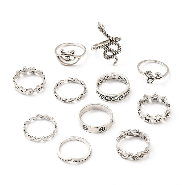 

PandaHall Zinc Alloy Finger Ring Sets, Hollow, Flower & Leaf & Snake & Rose & Star & Wave, Antique Silver, 1~15.5mm, Inner Diameter...