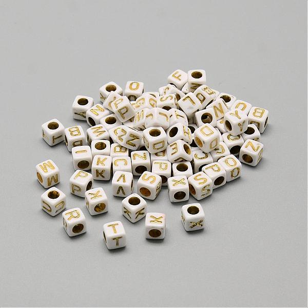 

PandaHall Plating Acrylic Beads, Golden Metal Enlaced, Horizontal Hole, Mixed Letters, Cube, Letter, 5.5~6x5.5~6x5.5~6mm, Hole: 3.5mm, about..., Gold