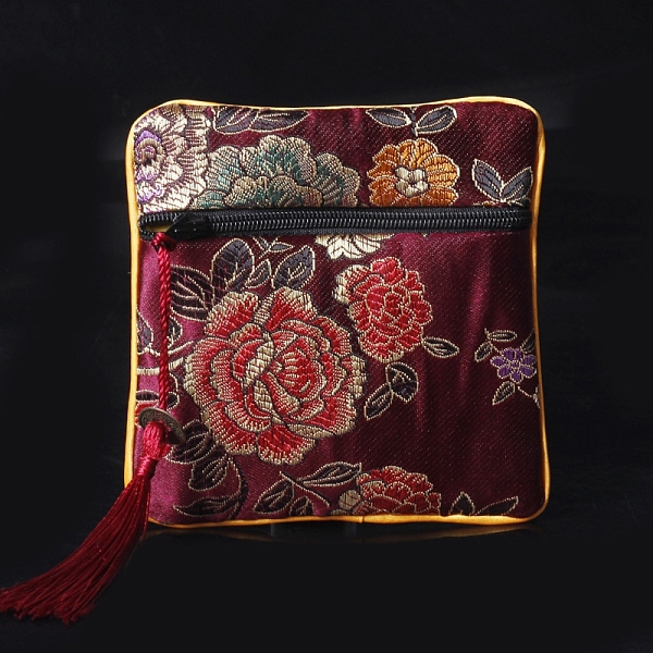 

PandaHall Square Chinese Style Cloth Tassel Bags, with Zipper, for Bracelet, Necklace, Dark Red, 11.5x11.5cm Cloth Square