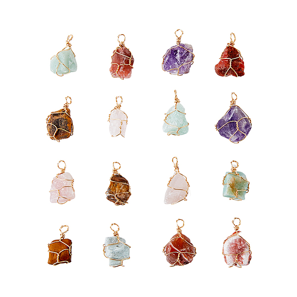 

PandaHall HOBBIESAY 20 Pcs 24~30mm Mixed Color Rough Raw Natural Mixed Stone Pendants with Real 18K Gold Plated Wire Wrapped Nuggets Rough...