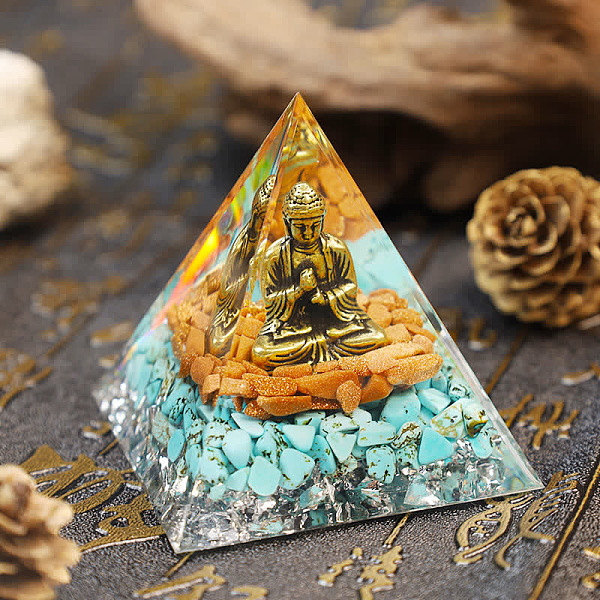 

PandaHall Orgonite Pyramid Resin Energy Generators, Reiki Synthetic Turquoise & Goldstone Chips and Buddha Inside for Home Office Desk...