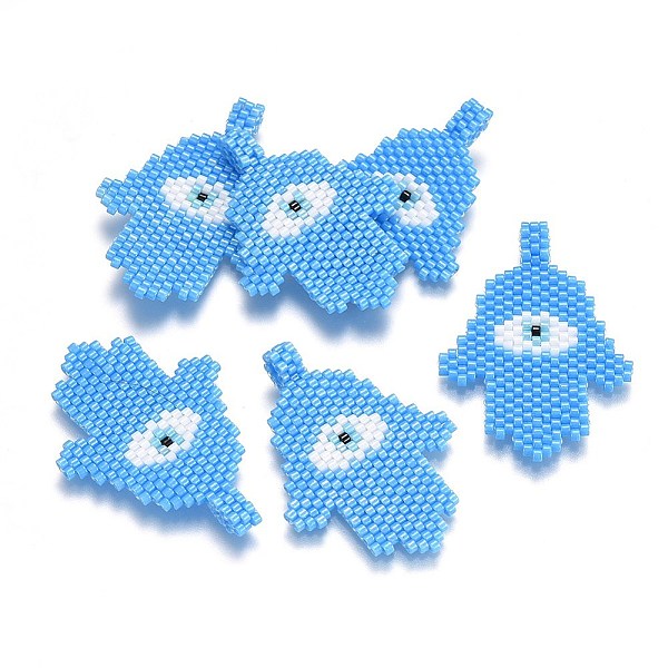 

PandaHall Handmade Japanese Seed Beads Pendants, with Japan Import Thread, Loom Pattern, Hamsa Hand/Hand of Fatima/Hand of Miriam with Evil..., Blue