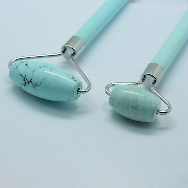 

PandaHall Synthetic Turquoise Massage Tools, Facial Rollers, with Alloy Findings, 14.5~15.5x5.1~5.5x1.8~2cm Synthetic Turquoise Others