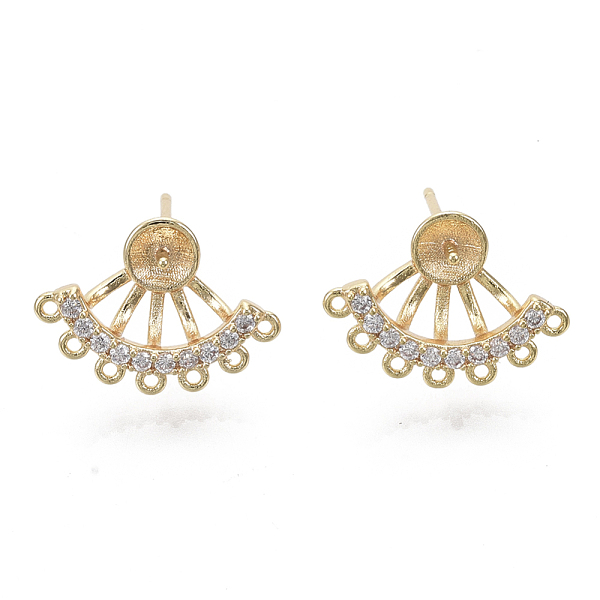 

PandaHall Brass Micro Pave Clear Cubic Zirconia Stud Earring Findings, for Half Drilled Beads, with Loop, Nickel Free, Fan, Real 18K Gold...