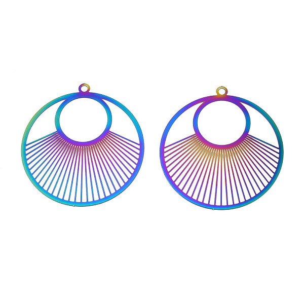 

PandaHall Ion Plating(IP) 201 Stainless Steel Filigree Pendants, Etched Metal Embellishments, Flat Round, Rainbow Color, 43x40x0.2mm, Hole...