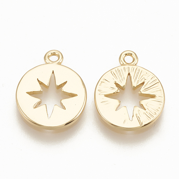 

PandaHall Brass Charms, Flat Round with Star, Nickel Free, Real 18K Gold Plated, 12x9.5x1mm, Hole: 1mm Brass Flat Round
