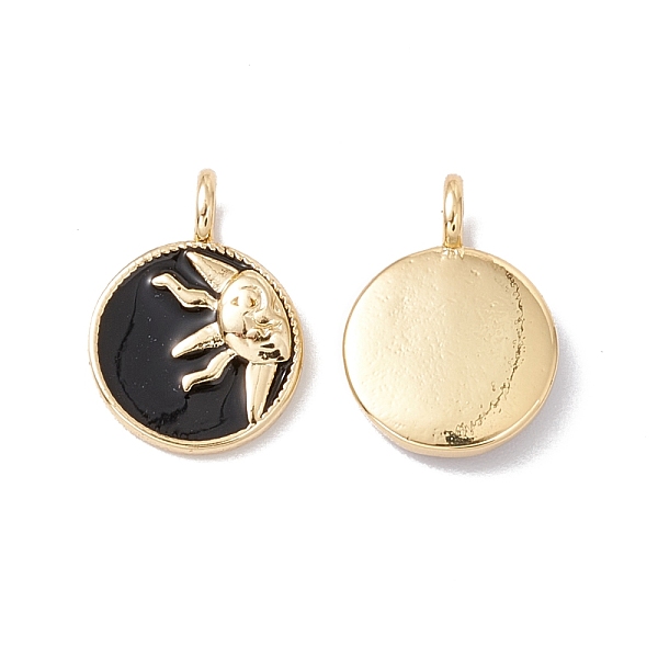 

PandaHall Rack Plating Brass Enamel Charms, Cadmium Free & Nickel Free & Lead Free, Real 18K Gold Plated, Flat Round with Sun, Black...