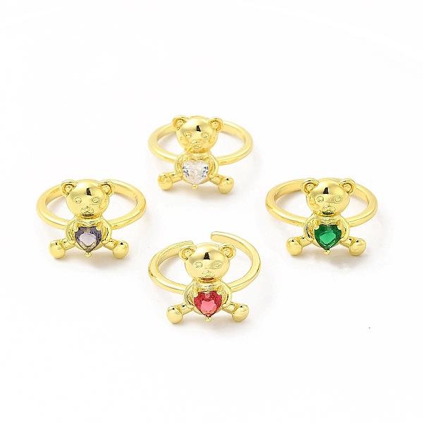 

PandaHall Glass Bear with Heart Open Cuff Ring, Golden Brass Jewelry for Women, Mixed Color, Inner Diameter: 17mm Glass Multicolor