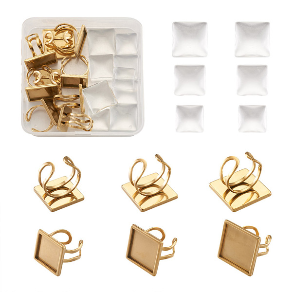 

PandaHall 9Pcs 3 Sizes 304 Stainless Steel Cuff Pad Ring Settings, with 9Pcs Square Transparent Glass Cabochons, for DIY Finger Ring Making...