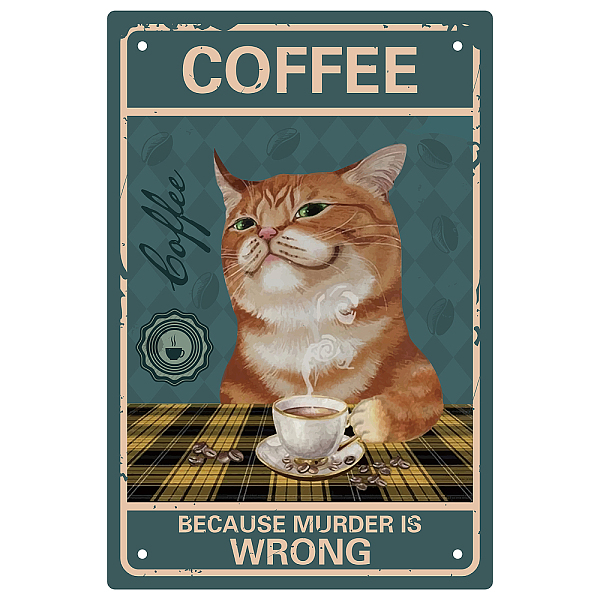 PandaHall CREATCABIN Cat Coffee Sign Vintage Funny Cat Metal Tin Sign Poster Retro Because Murder Is Wrong Wall Decor Art Paintings for Home...