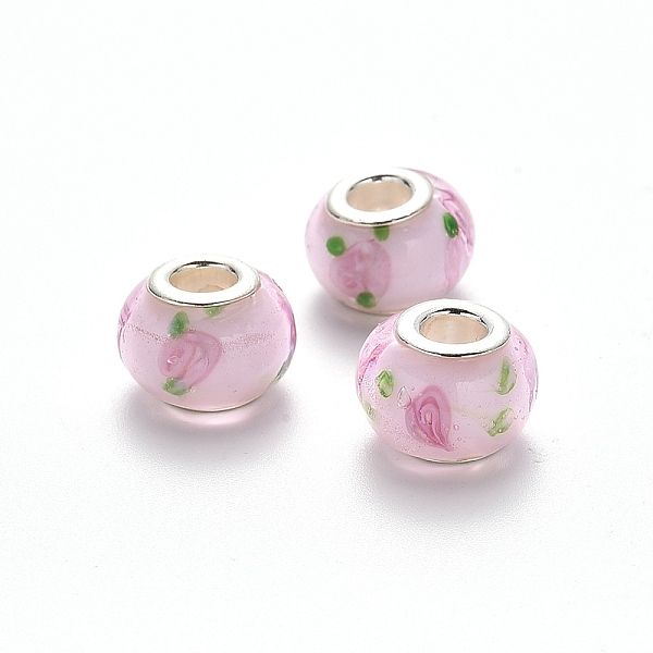 

PandaHall Handmade Lampwork European Beads, Large Hole Rondelle Beads, with Platinum Tone Brass Double Cores, Pearl Pink, 14~15x9~10mm, Hole...