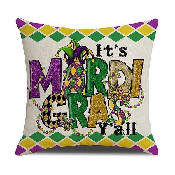 PandaHall Mardi Gras Carnival Theme Linen Pillow Covers, Cushion Cover, for Couch Sofa Bed, Square, Word, 450x450x5mm Linen Word